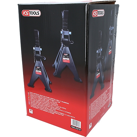 Dunkelblaue KS TOOLS-Produktbox, zeigt zwei montierte 3T-Unterstellböcke. Text und Logo sind deutlich sichtbar.